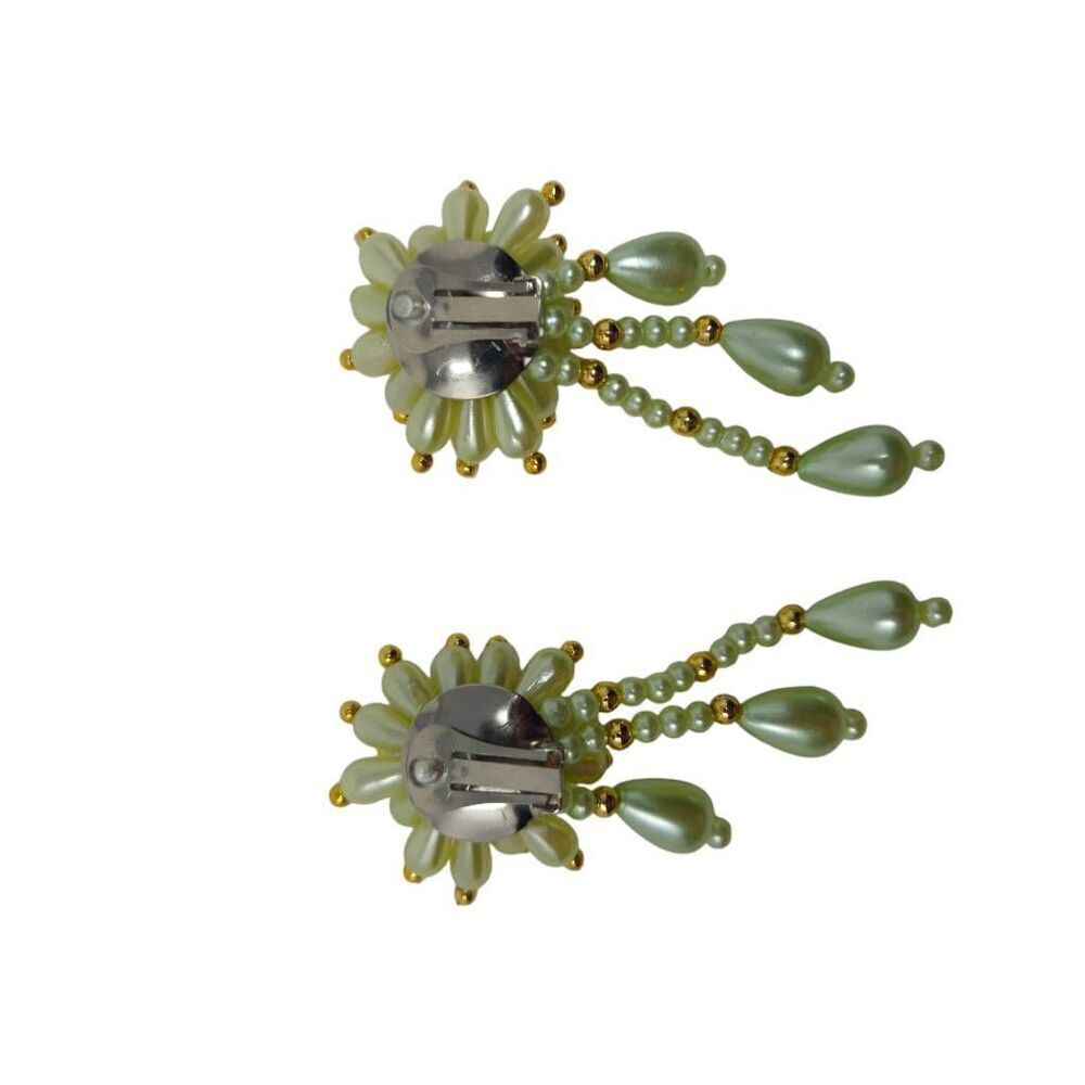 Large Vintage Spiky Pearl Flower & Gold Beaded Dangle Clip-On Earrings | 3.12" | - Picture 5 of 5